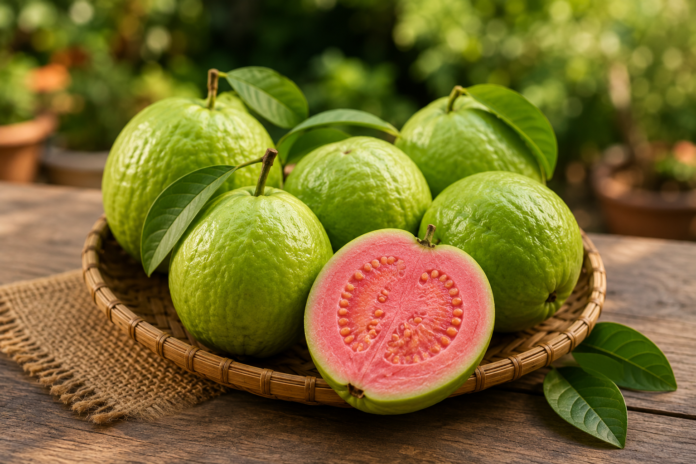 Guava benefits and nutrition shown with fresh green and pink guava