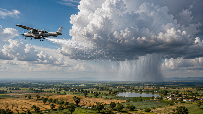 Aircraft releasing cloud-seeding material into a rain-bearing cloud over agricultural land