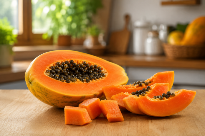 Fresh ripe papaya cut open showing orange flesh and black seeds