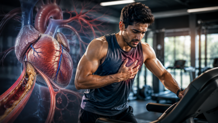Fit young man experiencing chest discomfort with coronary artery visualization