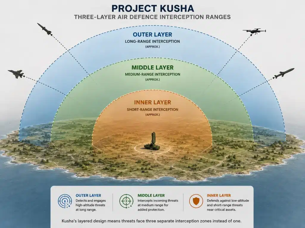 Diagram of Project Kusha's three-layer air defence interception ranges