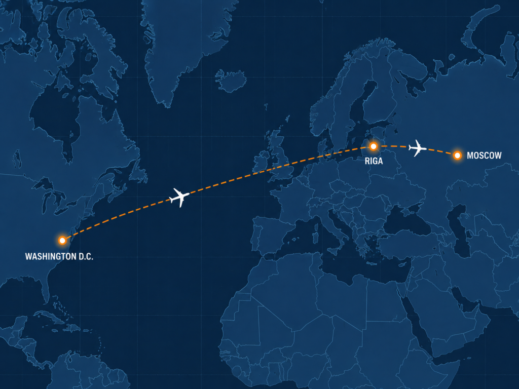 Map showing the flight route from Washington to Riga to Moscow for the CIA director's trip