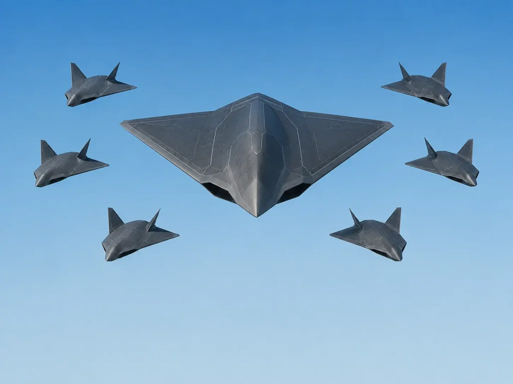 Illustration of a sixth-generation fighter jet flying with loyal wingman drones