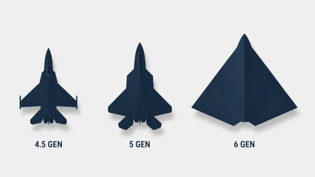 Comparison illustration of fourth, fifth, and sixth-generation fighter jet silhouettes