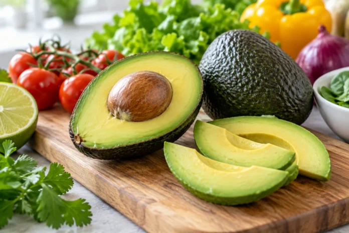 Avocado Benefits shown through fresh avocado and nutritious serving ingredients