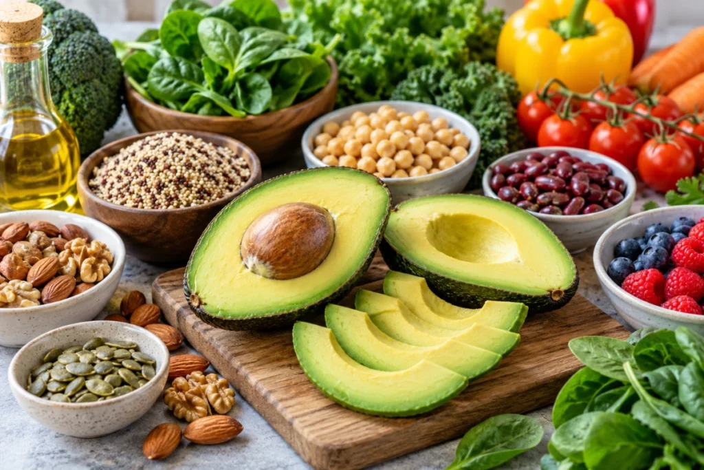 Avocado with other nutrient-rich foods representing fiber, healthy fats and vitamins