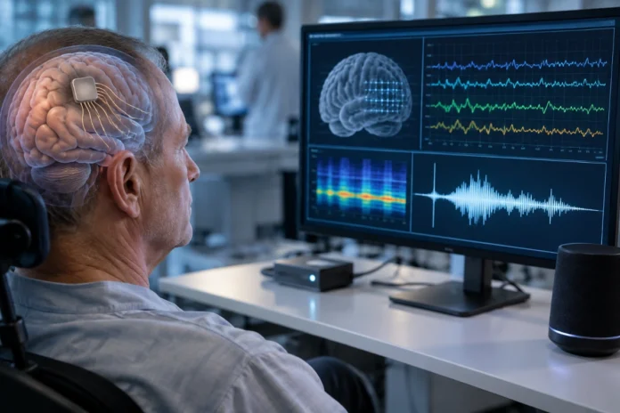 Neuralink brain implant concept showing neural signals being decoded for speech