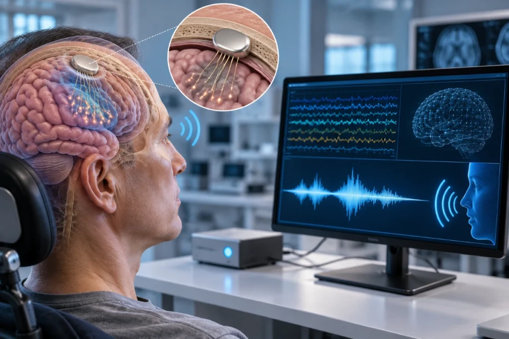 Neuralink N1 implant and electrode threads connecting brain signals to a computer