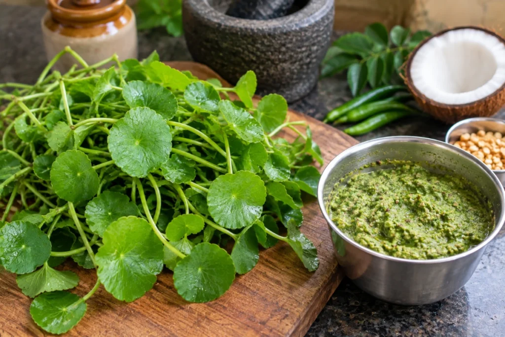 Fresh Centella asiatica leaves prepared as a food ingredient