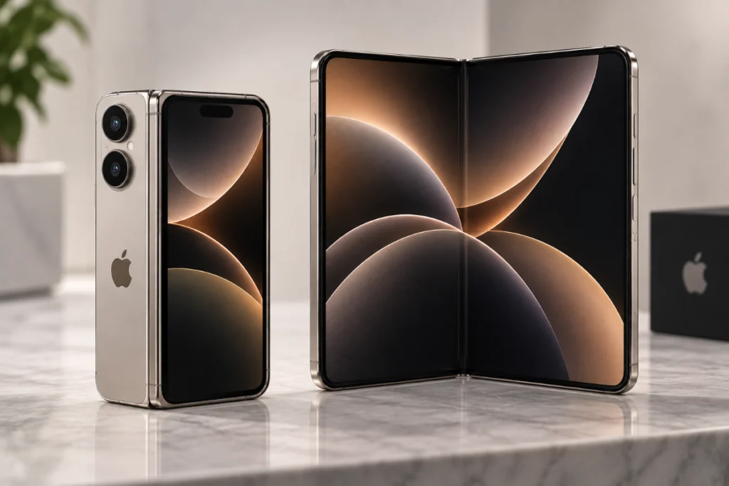 Folded and open iPhone Duo displays showing the two-screen foldable design