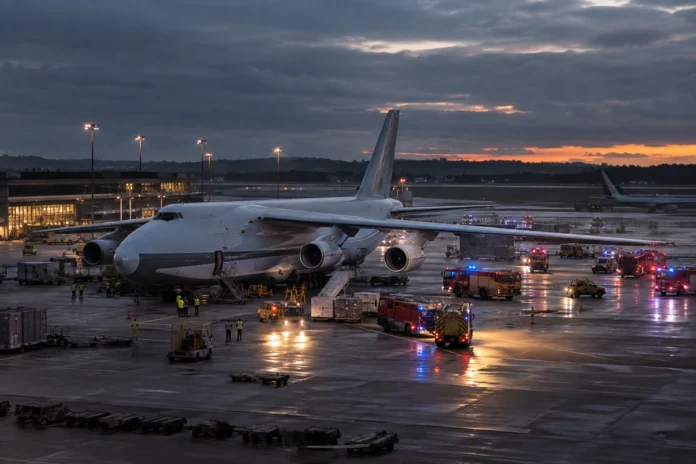 Germany Russia drone attack investigation at a cargo airport at dusk