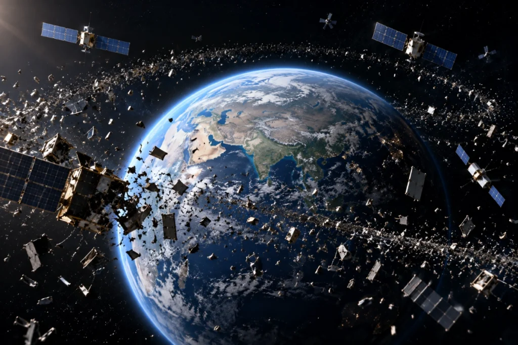 Space debris surrounding Earth after a satellite collision