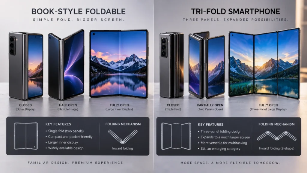 Comparison of book-style foldable and tri-fold smartphones
