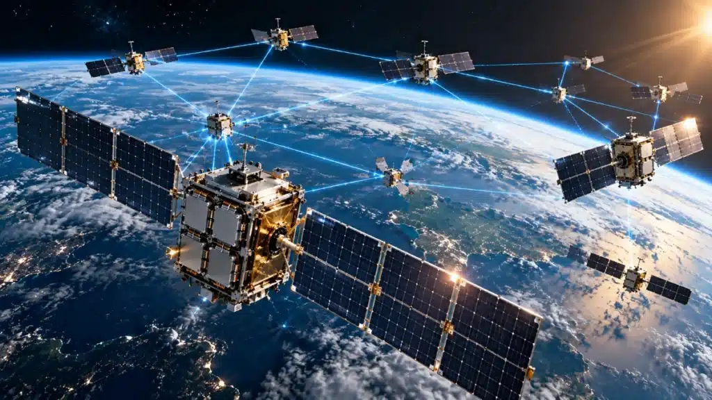 Concept of interconnected solar-powered satellites for space-based AI computing