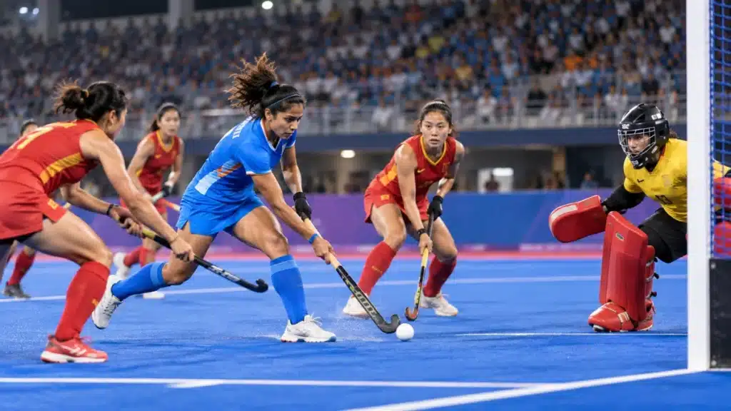 Indian hockey player scores against China in Asian Games 2026 final
