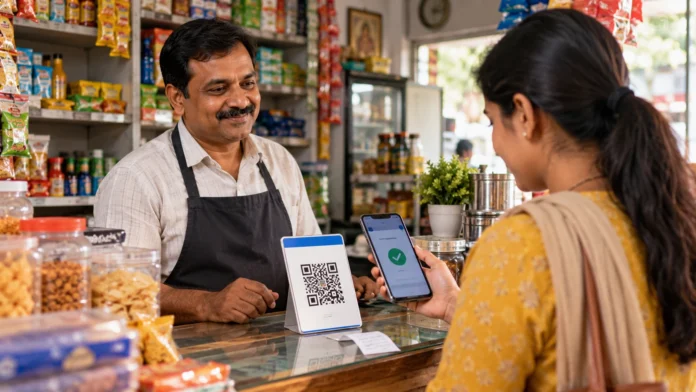 UPI charges after Diwali 2026: customer paying a shopkeeper by QR code